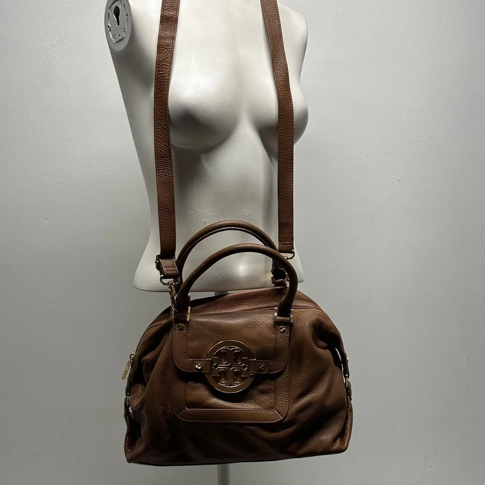 Tory Burch Amanda Satchel Purse Leather Handbag Crossbody Bag Tan Brown Gold